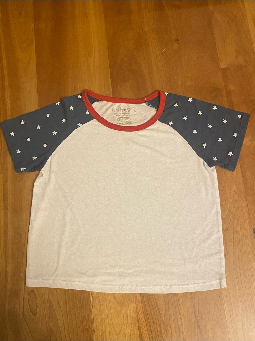 Fifth Sun Patriotic White Tee with Navy Star Raglan Sleeves and Red Neck Trim